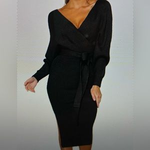 Cherfly Women’s V Neck‎ Sweater Dress. Long Sleeve Backless with Belt